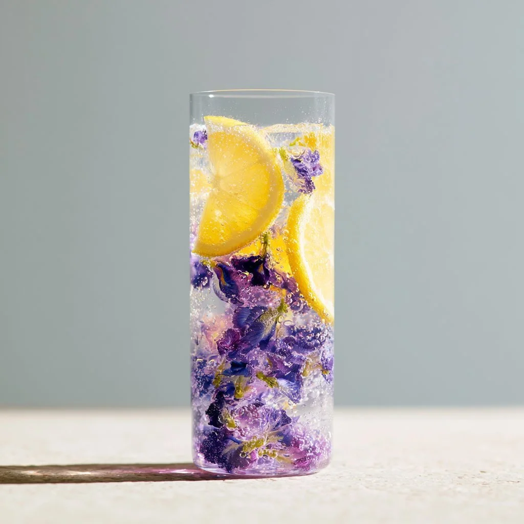 Glass of Honey Lemon Butterfly Fizz with lemon slices and honey drizzled garnish