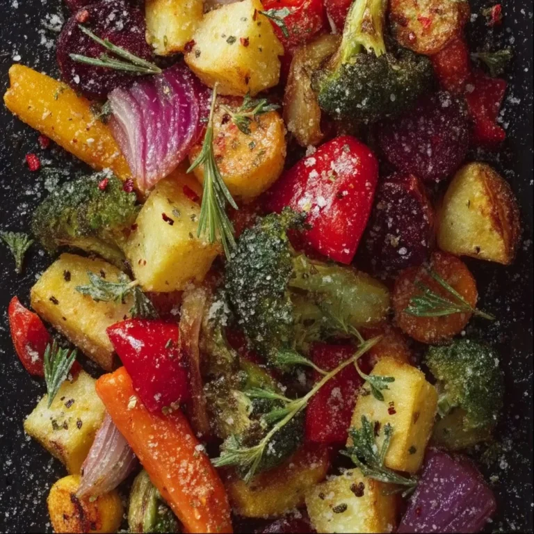 Colorful and perfectly roasted vegetables on a baking tray