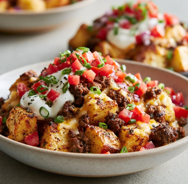 Loaded potato taco bowl topped with cheese, bacon, and green onions.