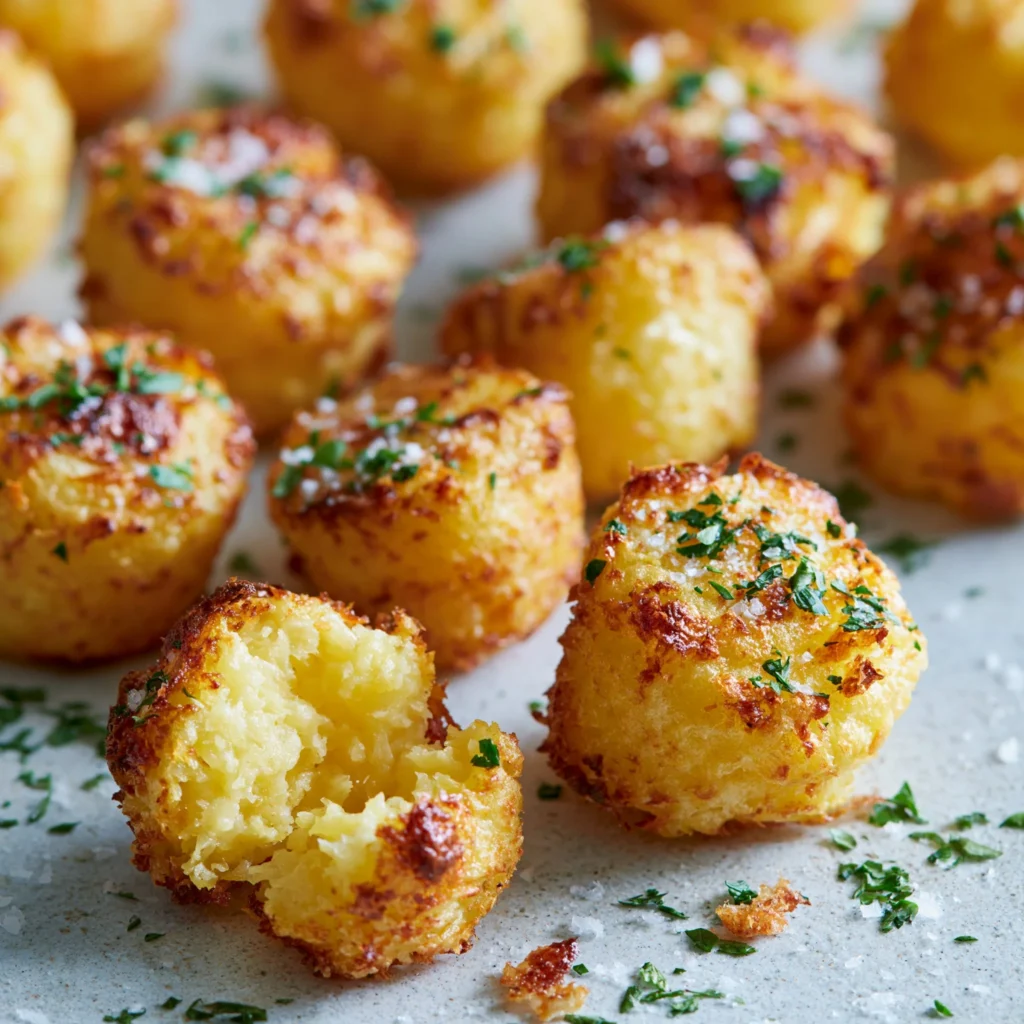 Plate of crispy Mini Potato Bites served with dipping sauce.