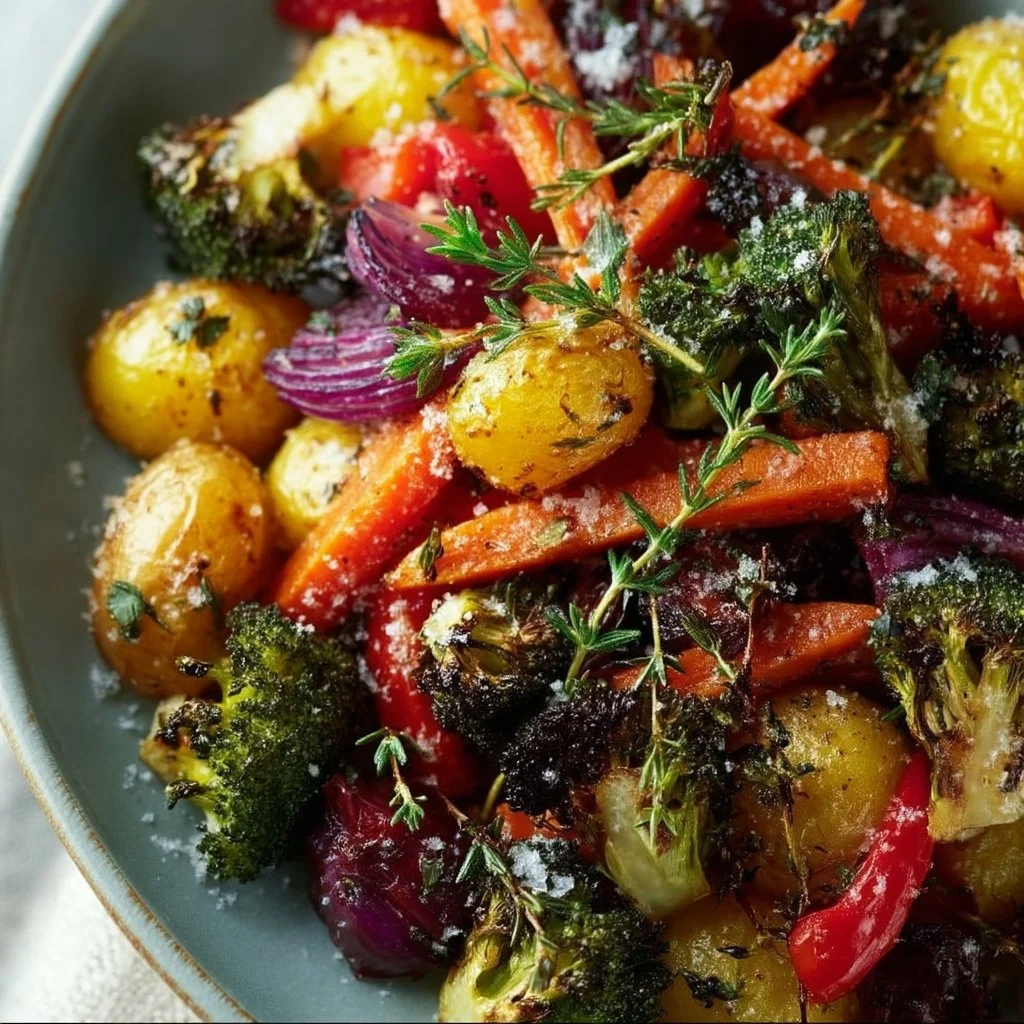 Oven roasted vegetable medley with colorful veggies, cooked to perfection.