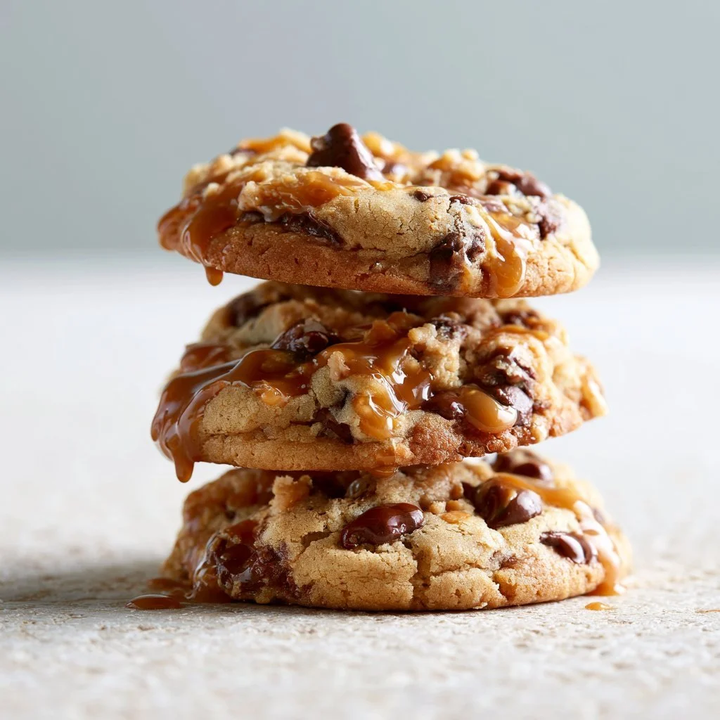 Peanut Butter Chocolate Caramel Cookies on a plate