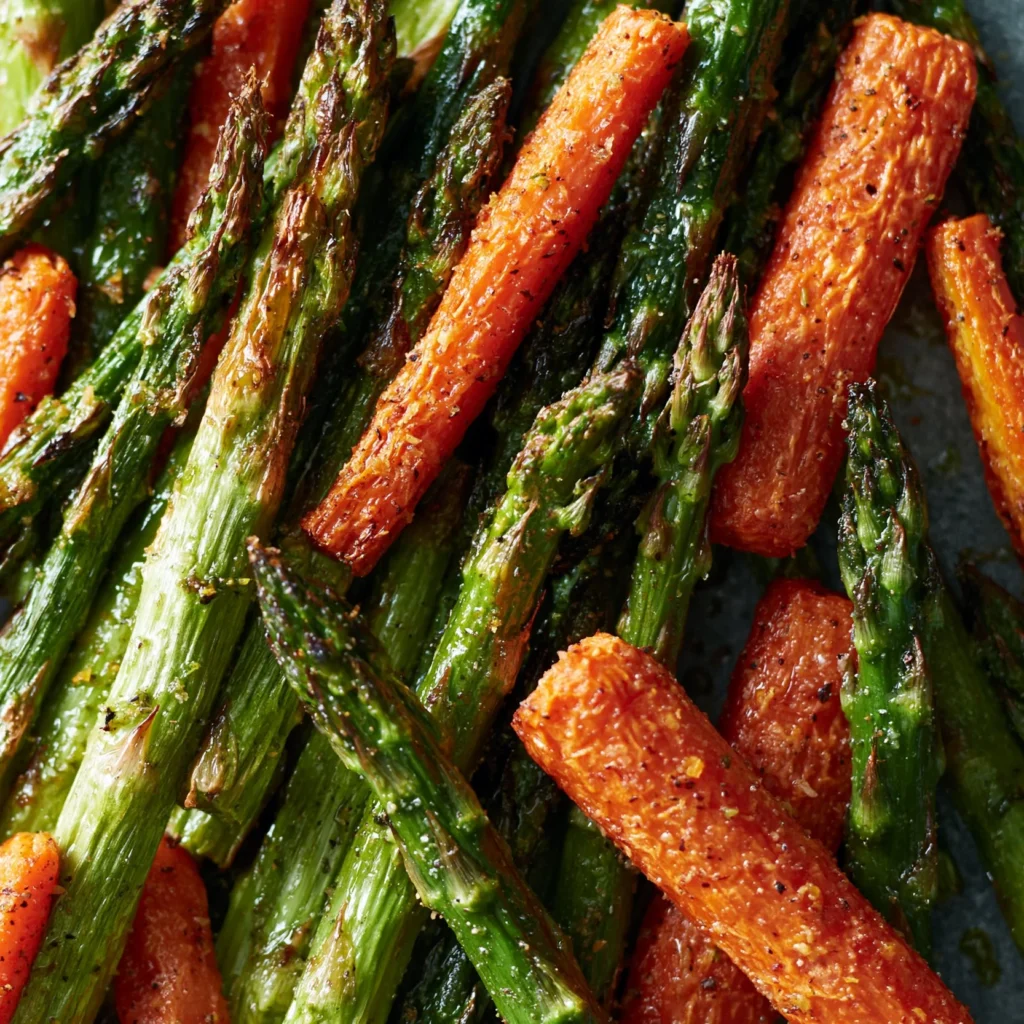 Oven-roasted asparagus and carrots garnished with herbs on a plate