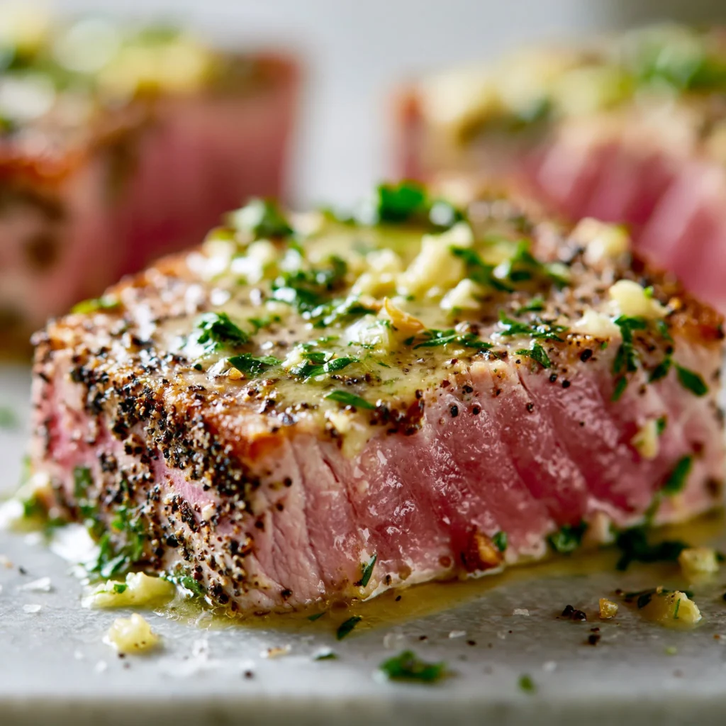 Seared tuna steaks with garlic herb butter on a plate