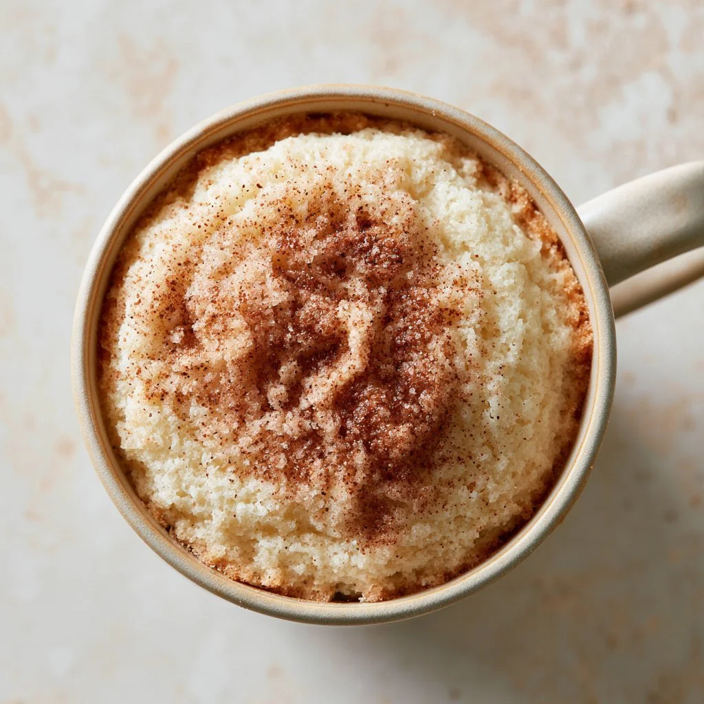 Delicious snickerdoodle mug cake topped with cinnamon sugar