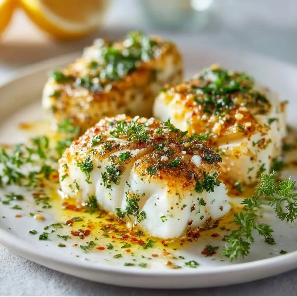 Air fryer garlic butter baked cod fillets ready to serve