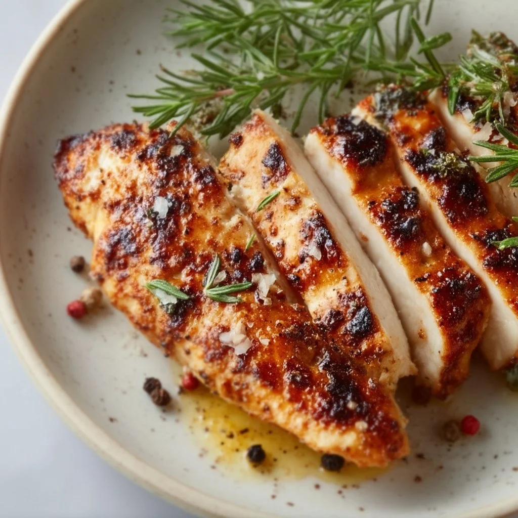 Juicy air fryer grilled chicken served on a plate with herbs and spices.